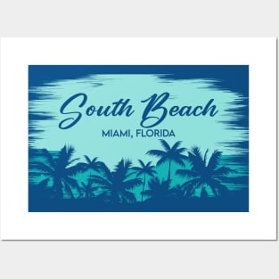 South Beach Miami, Florida Retro Beach Landscape with Palm Trees Posters and Art